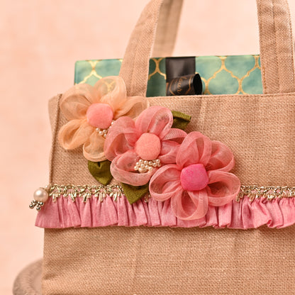 Jute Hamper Bag with Wooden Base and Handcrafted Floral Detailing