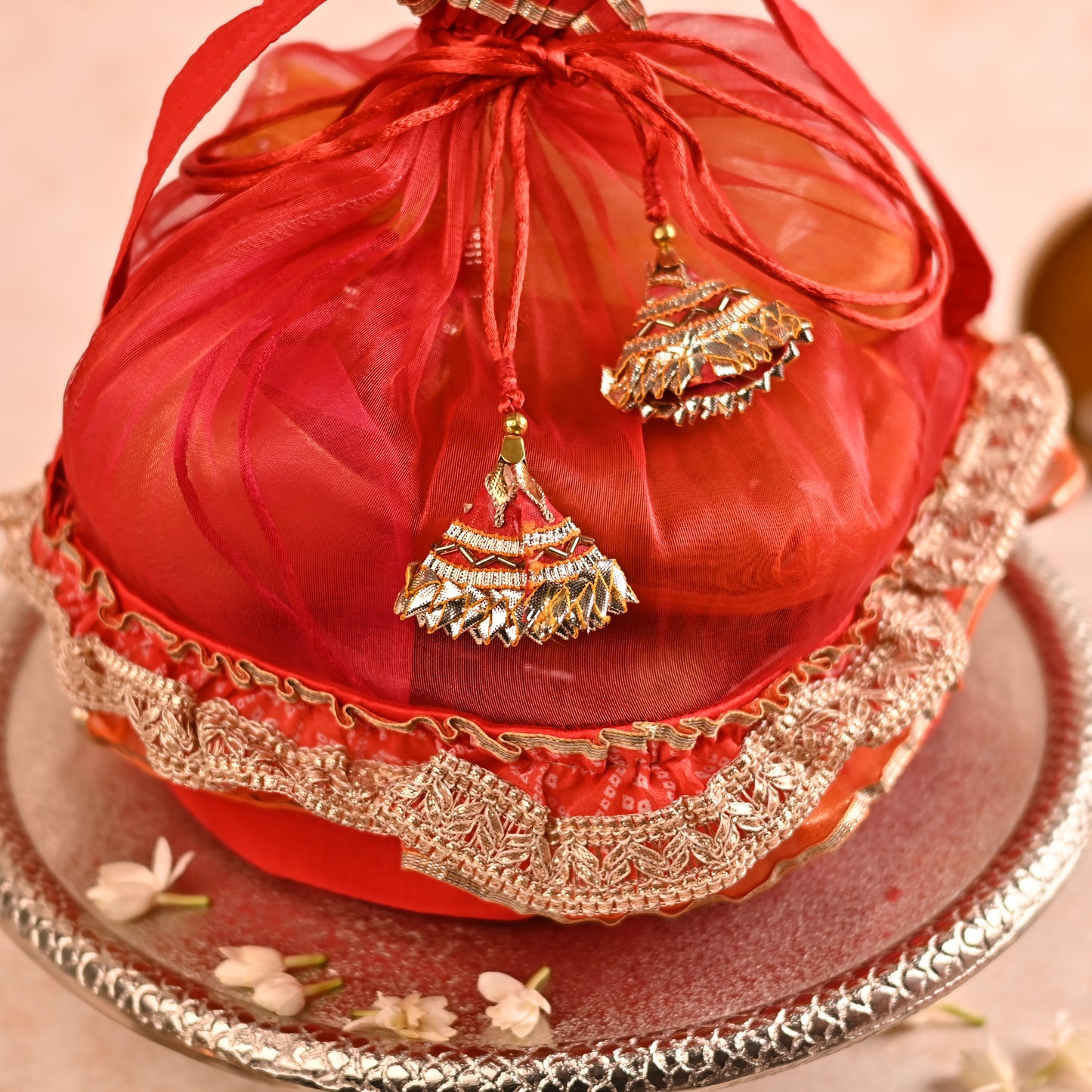 Round Red Basket-Style Potli Hamper Bag