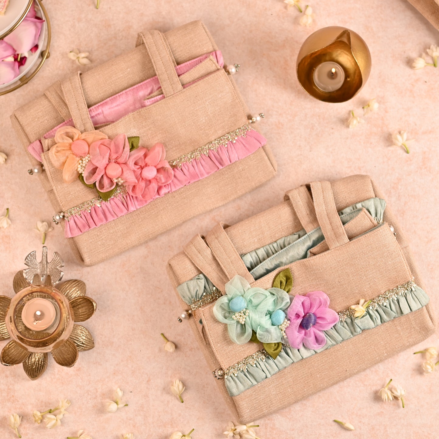 Jute Hamper Bag with Wooden Base and Handcrafted Floral Detailing