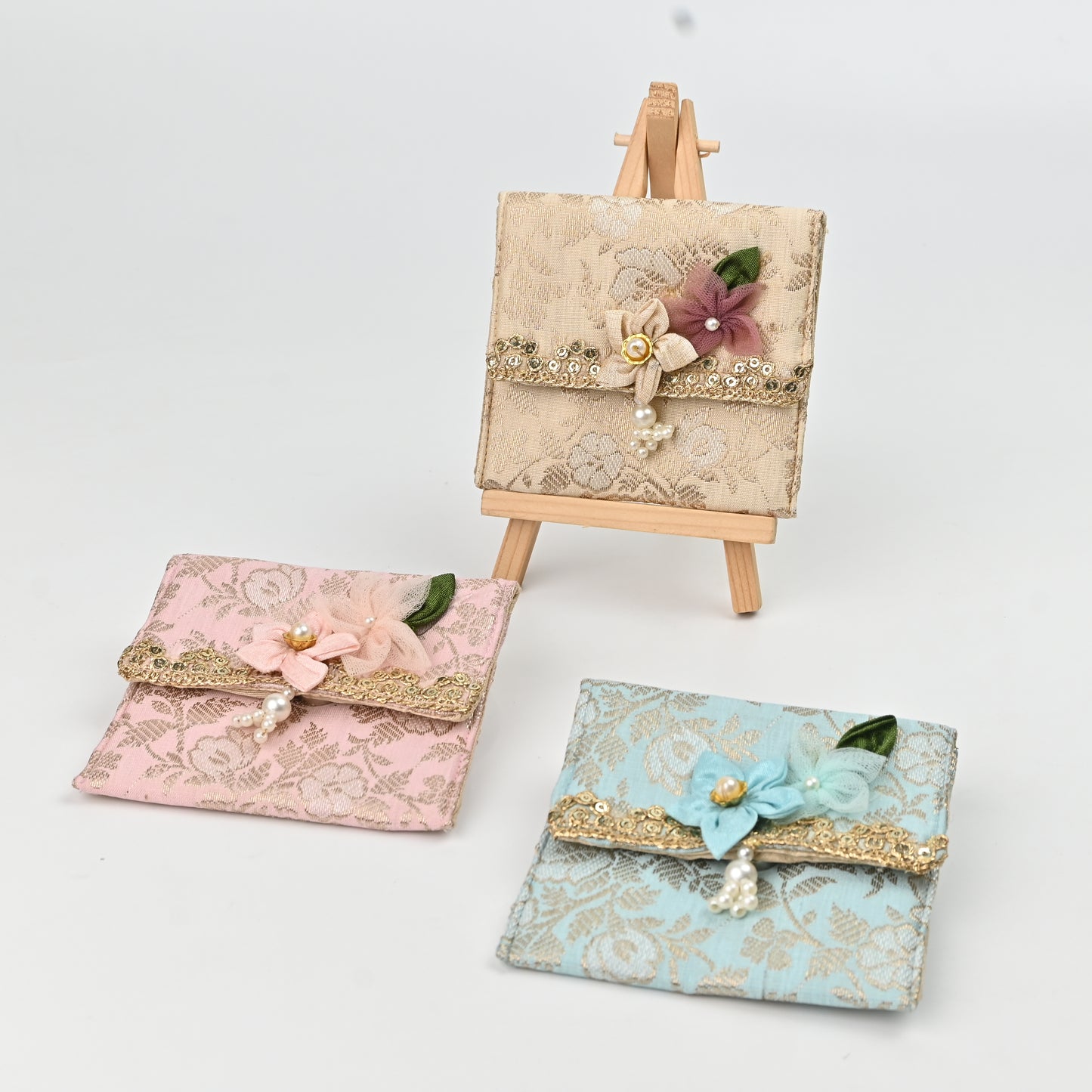 Brocade Coin Pouch – Handcrafted Floral , Foam Padded (Set of 3: Blue, Beige, Pink)
