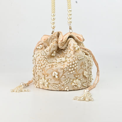 Banaavat Essence Off White Silk Brocade Potli – Pearl Embellished with Circular Base