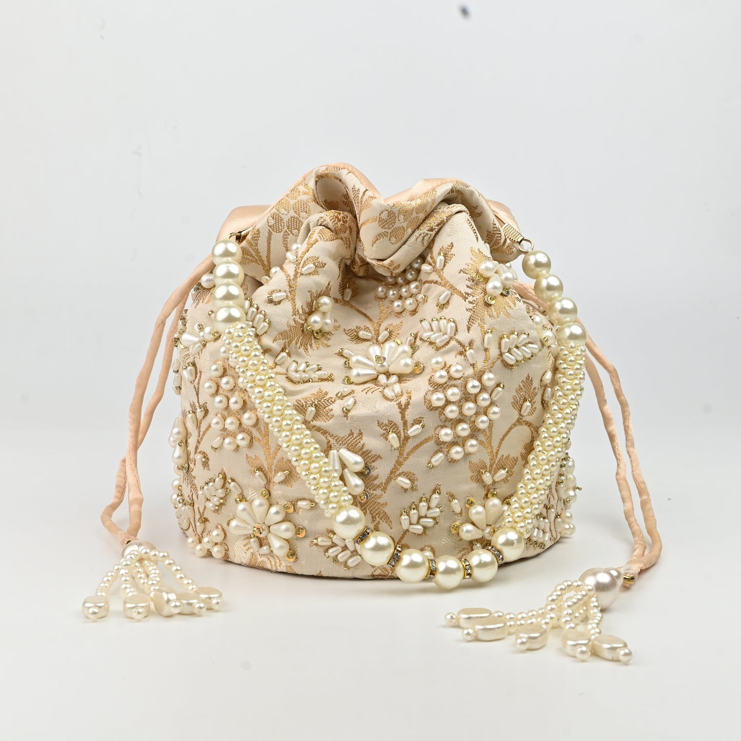 Banaavat Essence Off White Silk Brocade Potli – Pearl Embellished with Circular Base