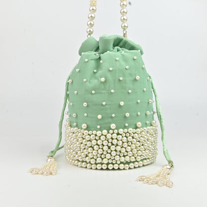 Banaavat Essence Sea Green Velvet Potli – Pearl Karigari & Cylindrical Design with Circular Base