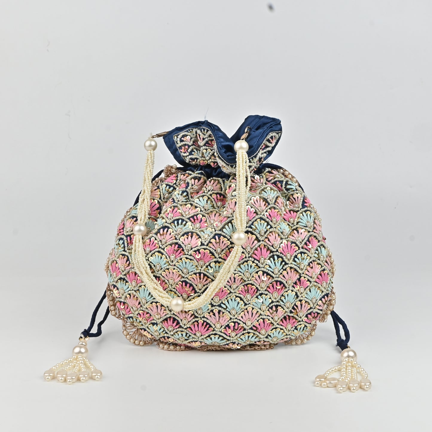 Banaavat Essence Navy Muslin Silk Potli – Multi-Color Thread Embroidery