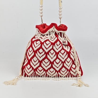 Banaavat Essence Red Velvet Potli – Pearl Barfi Detailing & Pearl Handle