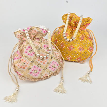 Banaavat Essence Brocade Silk Potli – Bead Embellished  (Yellow & White)