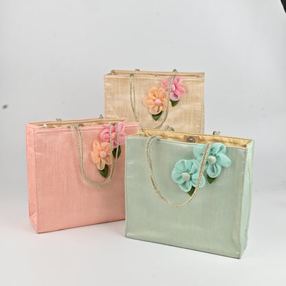 Banaavat Essence Dupion Silk Hamper Bag – Handcrafted Floral & Golden Dori Handle (9.5"x8.5"x3.2")