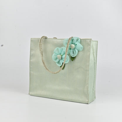 Banaavat Essence Dupion Silk Hamper Bag – Handcrafted Floral & Golden Dori Handle (9.5"x8.5"x3.2")