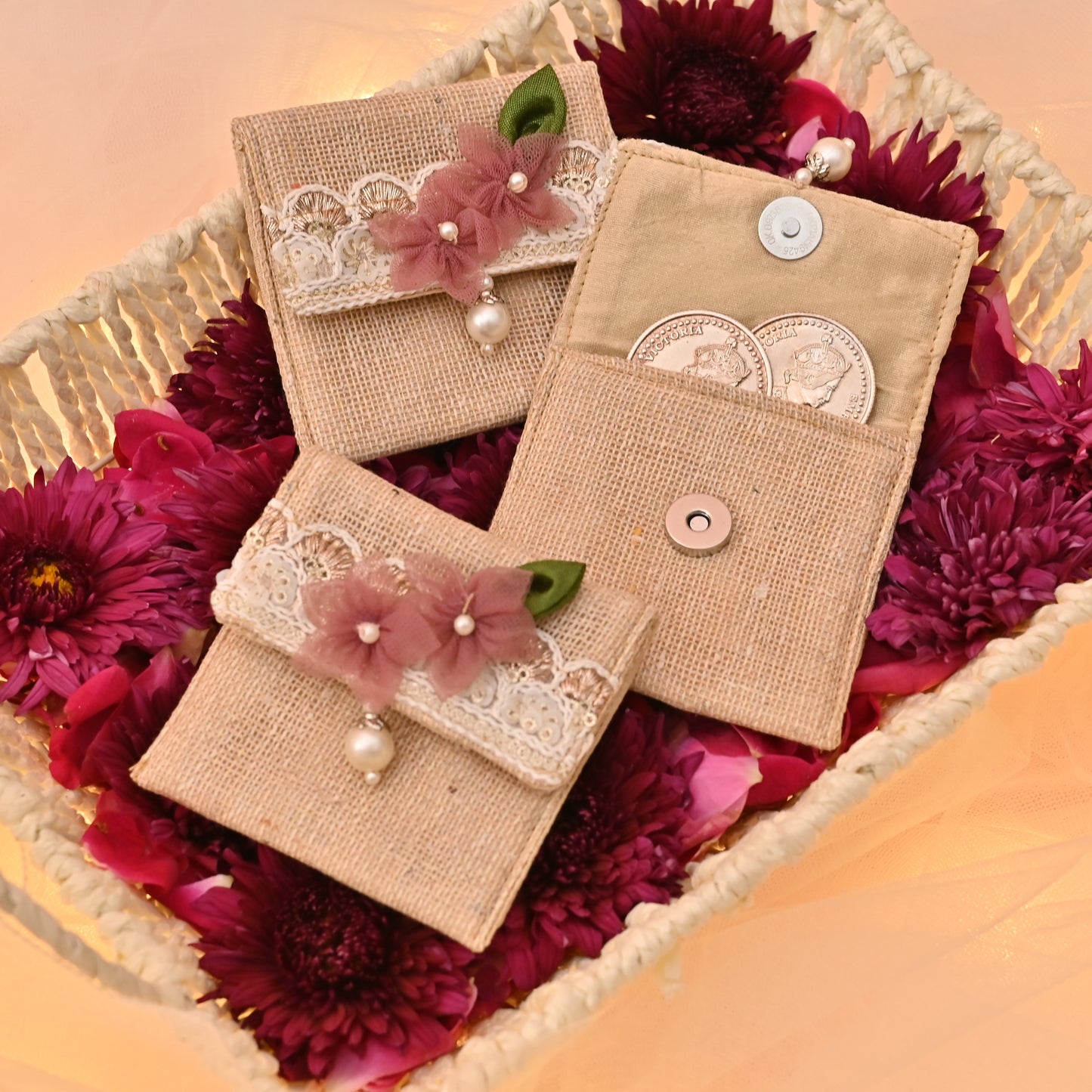 Banaavat Essence Petite Jute Coin Pouch – Handcrafted Floral Design (2.5"x2.5") | Set of 3