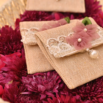 Banaavat Essence Petite Jute Coin Pouch – Handcrafted Floral Design (2.5"x2.5") | Set of 3