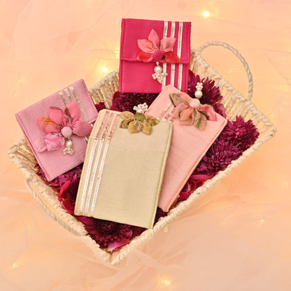 Banaavat Essence Silk Coin Pouch Set of 2 – Handcrafted Sunflower Flap & Pearl Embellishments (3.5"x3.5")