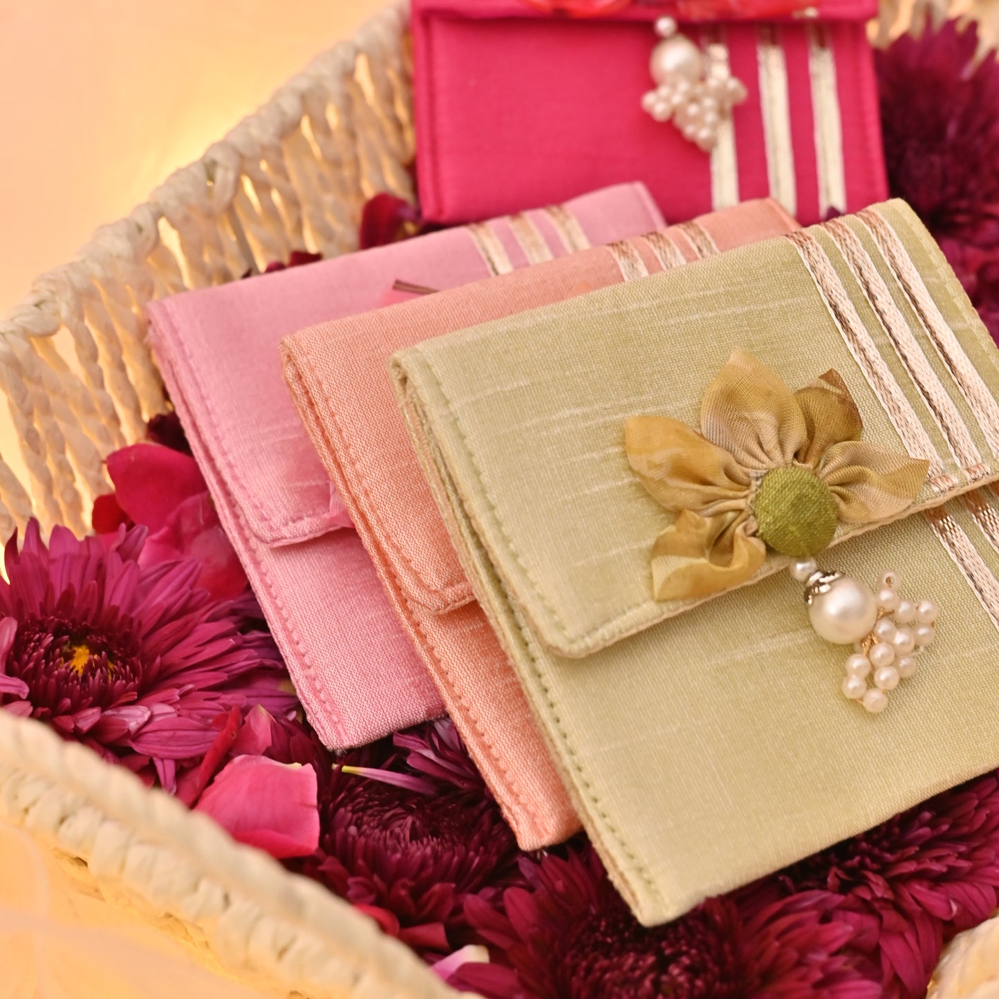 Banaavat Essence Silk Coin Pouch Set of 2 – Handcrafted Sunflower Flap & Pearl Embellishments (3.5"x3.5")