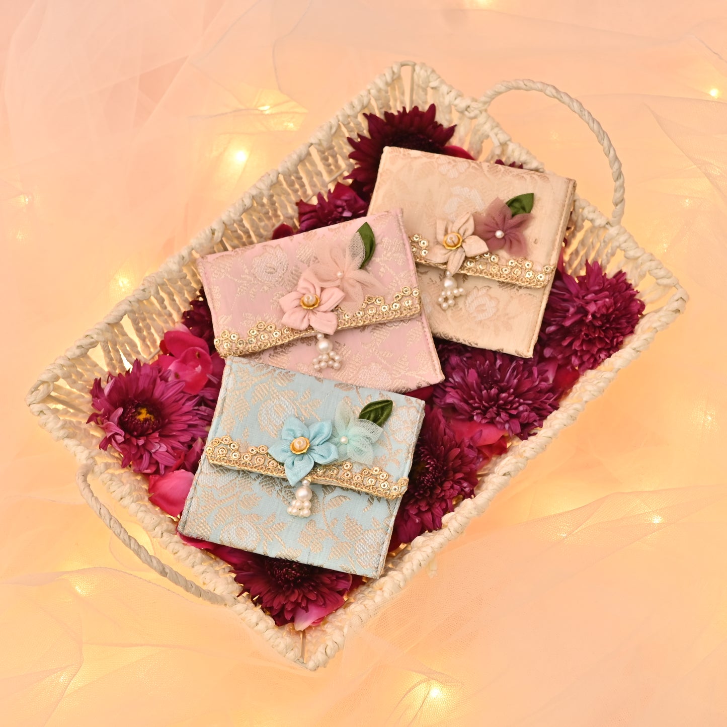 Brocade Coin Pouch – Handcrafted Floral , Foam Padded (Set of 3: Blue, Beige, Pink)