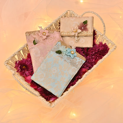 Brocade Coin Pouch – Handcrafted Floral , Foam Padded (Set of 3: Blue, Beige, Pink)