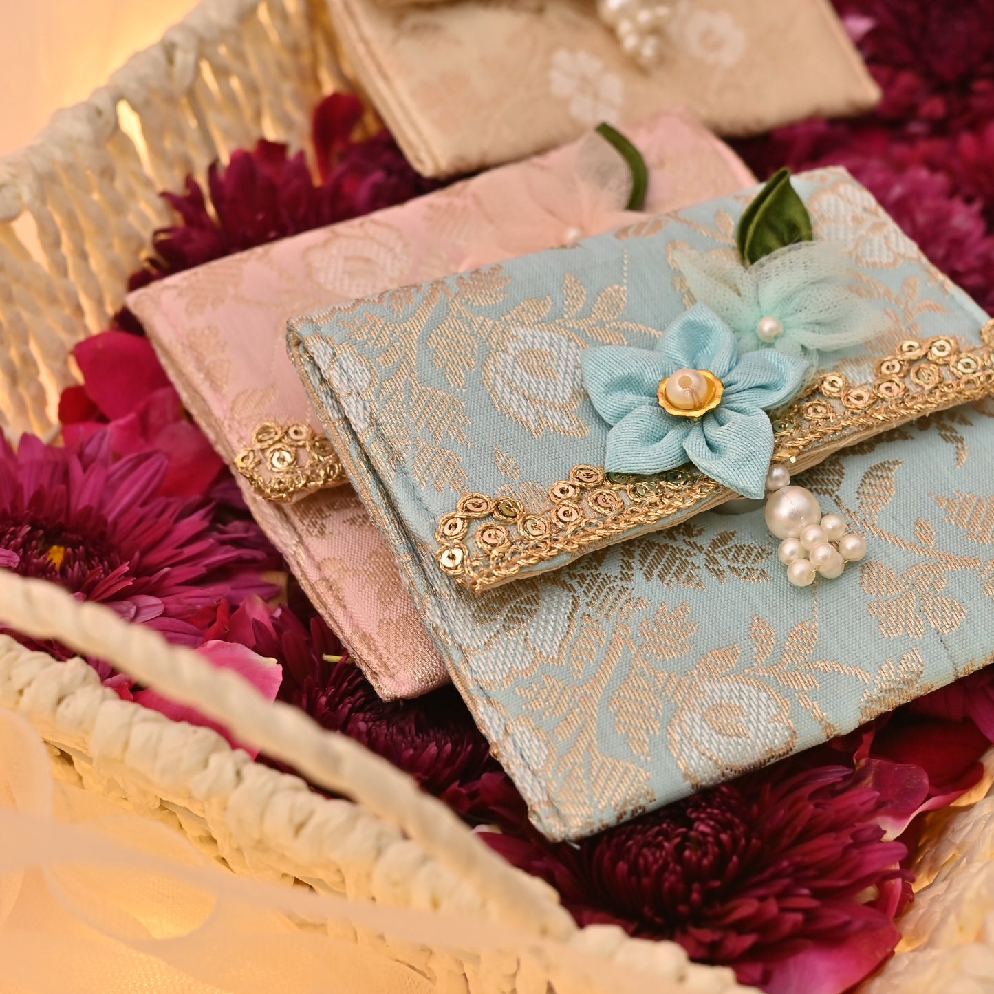 Brocade Coin Pouch – Handcrafted Floral , Foam Padded (Set of 3: Blue, Beige, Pink)