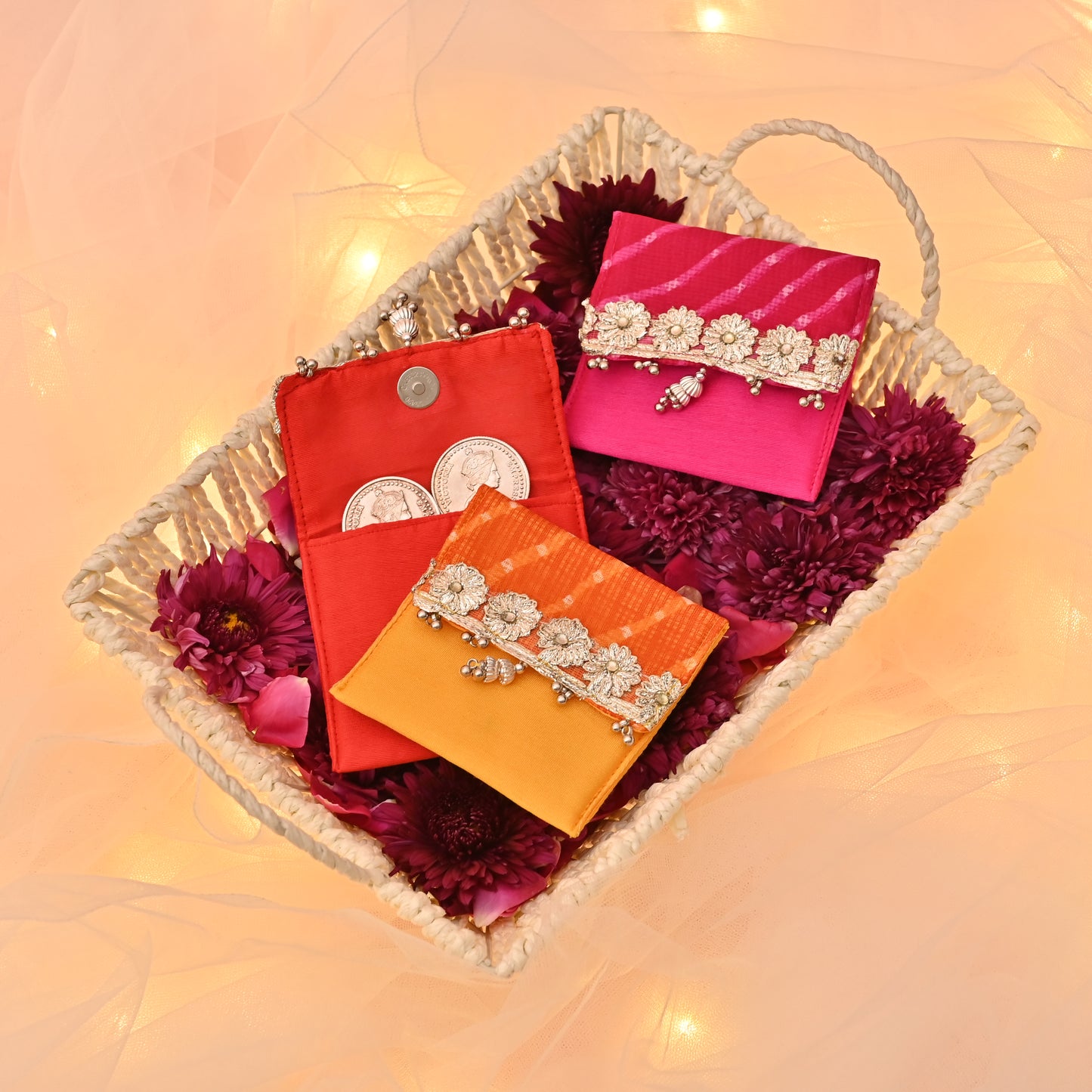 Mothra Fabric Coin Pouch Set of 2 – Flap Design & Foam Padded (3.5"x3.5")