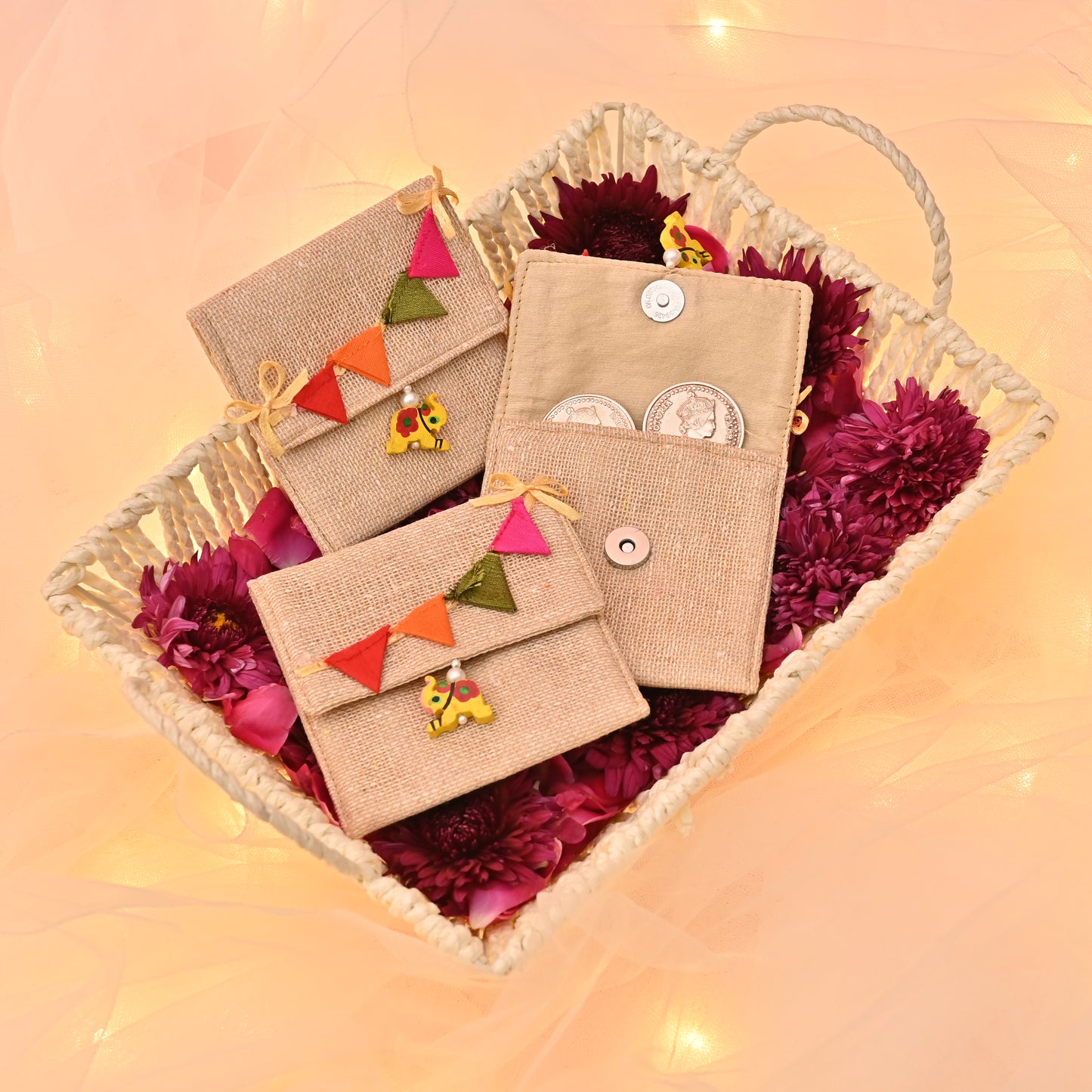 Kids Themed Jute Gifting Pouch – Bunting Flap & Elephant Tassels (3.5"x3.5") | Set of 2