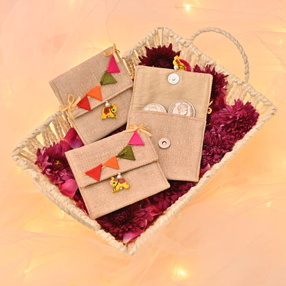 Kids Themed Jute Gifting Pouch – Bunting Flap & Elephant Tassels (3.5"x3.5") | Set of 2