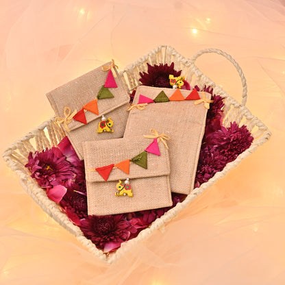 Kids Themed Jute Gifting Pouch – Bunting Flap & Elephant Tassels (3.5"x3.5") | Set of 2