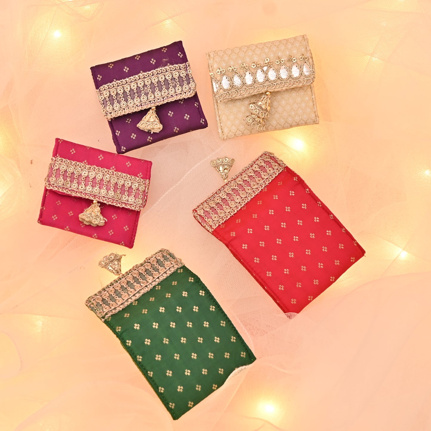 Banaavat Essence Petite Silk Coin Pouch Set – Gota Lace Detailing (2.5"x2.5", Set of 5)