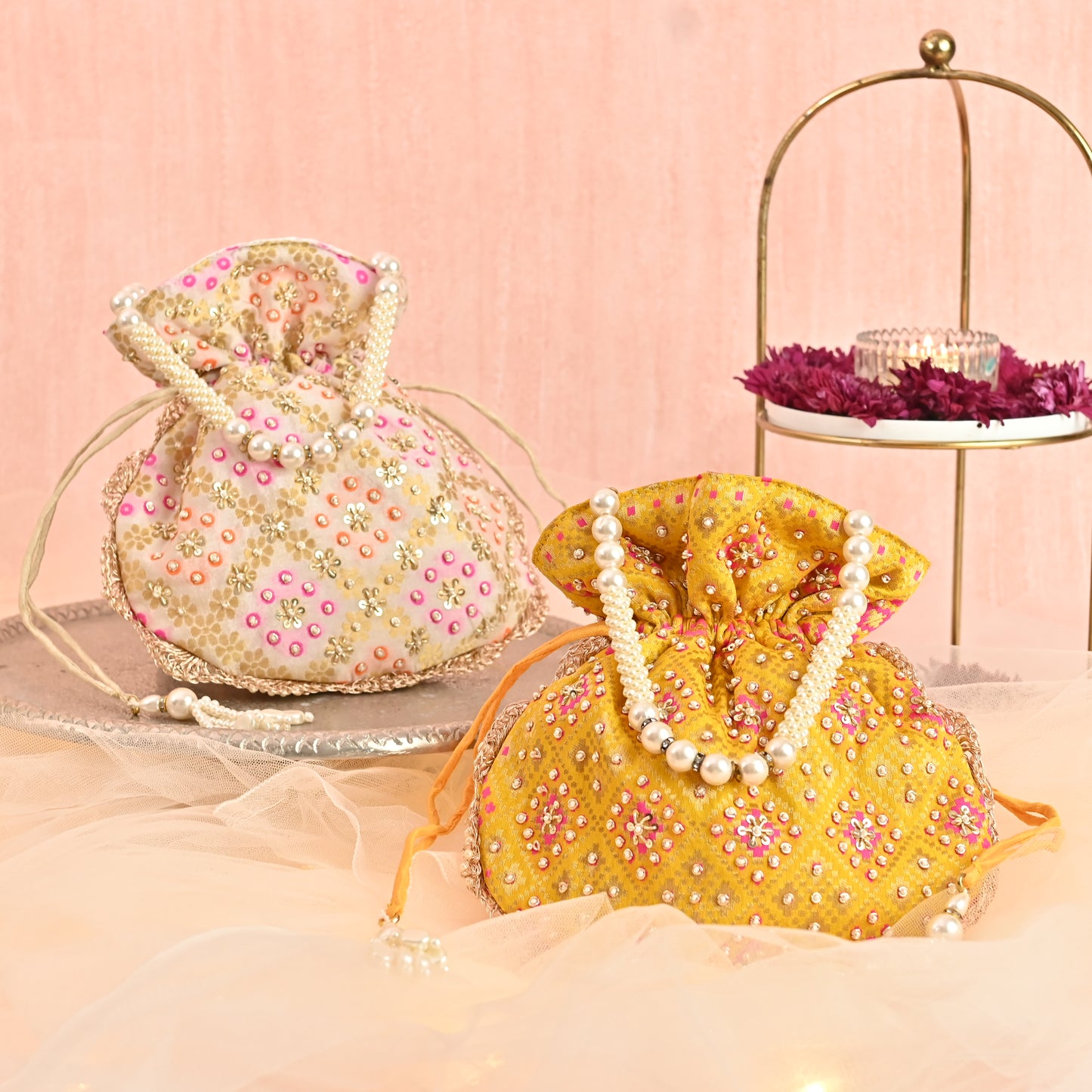 Banaavat Essence Brocade Silk Potli – Bead Embellished  (Yellow & White)