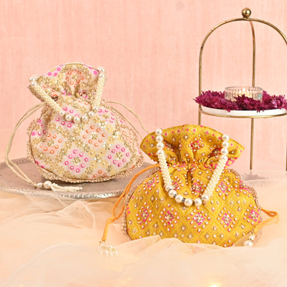 Banaavat Essence Brocade Silk Potli – Bead Embellished  (Yellow & White)