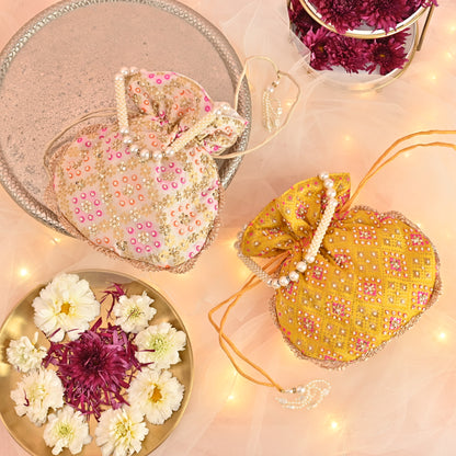 Banaavat Essence Brocade Silk Potli – Bead Embellished  (Yellow & White)