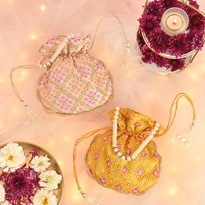 Banaavat Essence Brocade Silk Potli – Bead Embellished  (Yellow & White)