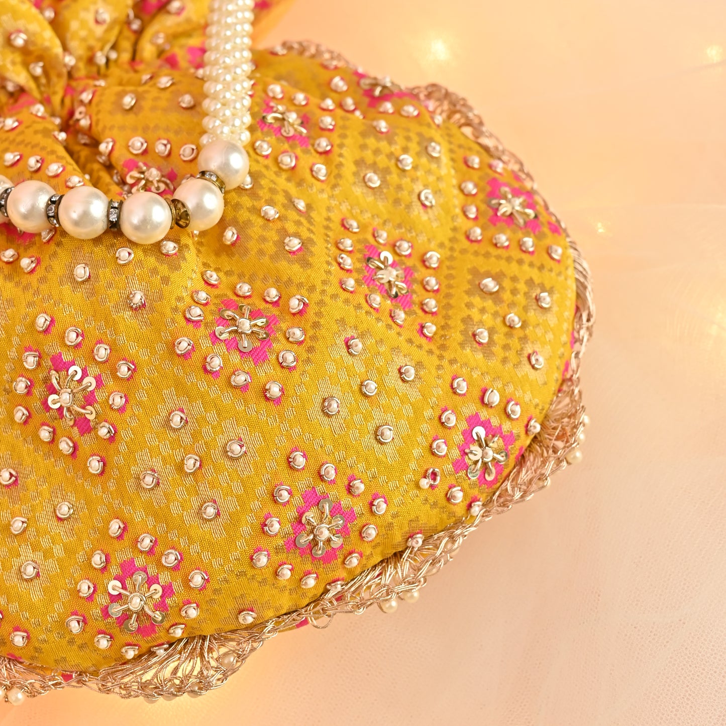 Banaavat Essence Brocade Silk Potli – Bead Embellished  (Yellow & White)