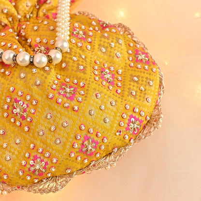 Banaavat Essence Brocade Silk Potli – Bead Embellished  (Yellow & White)