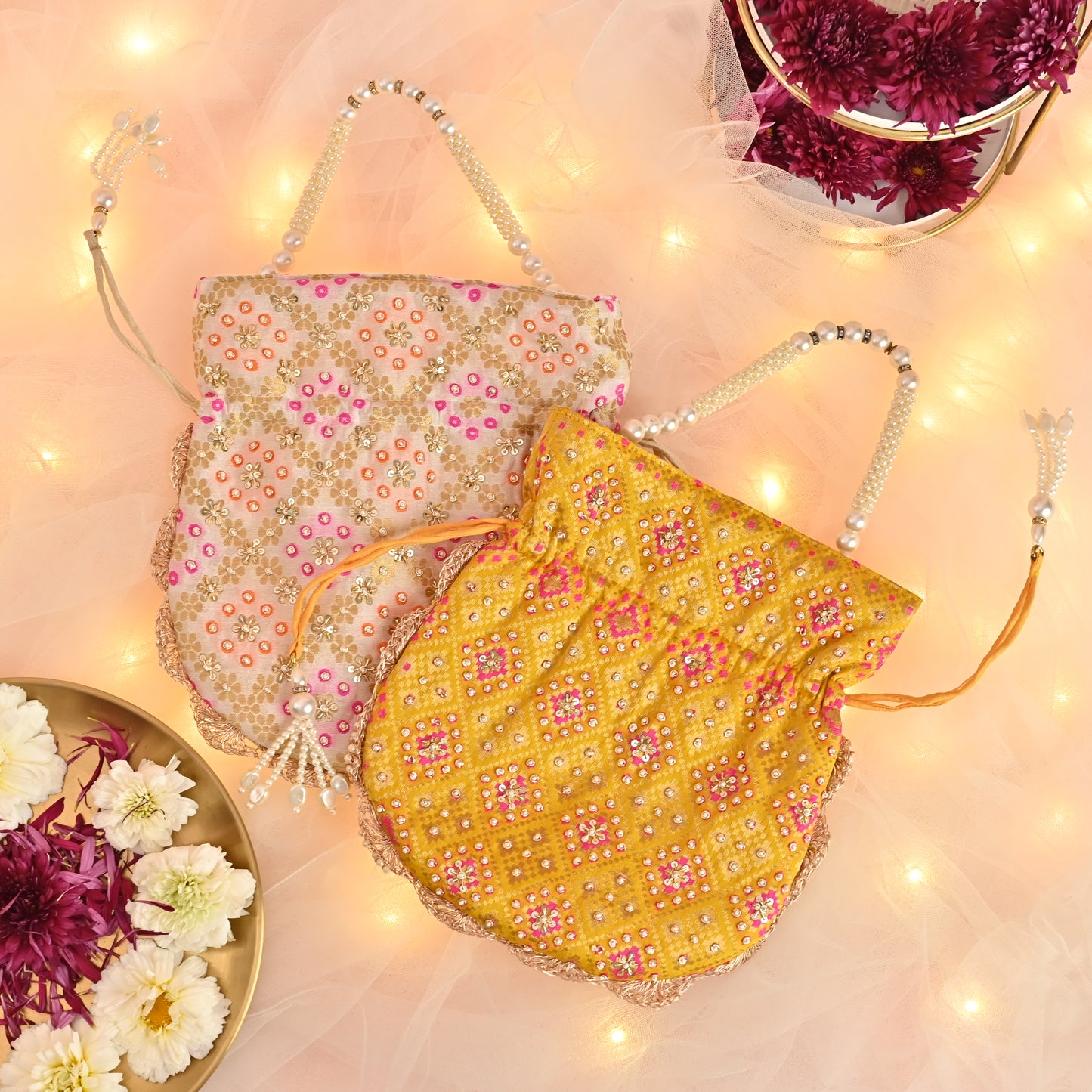 Banaavat Essence Brocade Silk Potli – Bead Embellished  (Yellow & White)