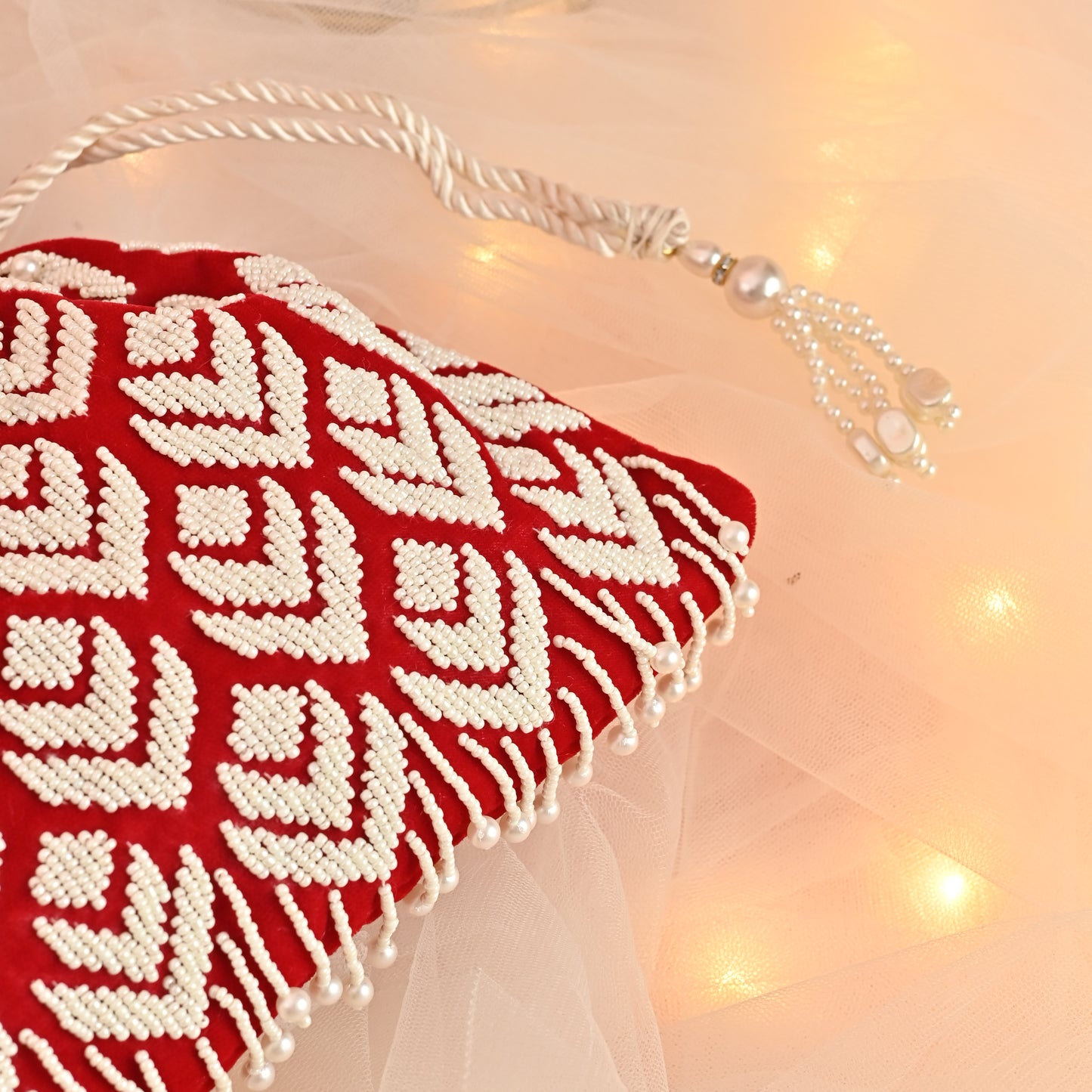 Banaavat Essence Red Velvet Potli – Pearl Barfi Detailing & Pearl Handle