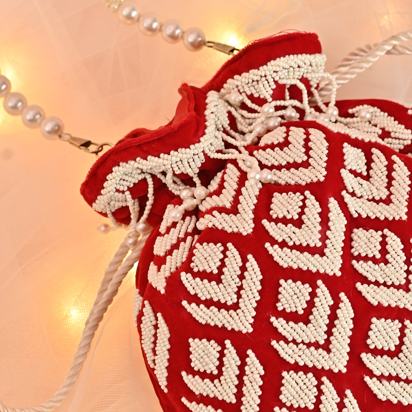 Banaavat Essence Red Velvet Potli – Pearl Barfi Detailing & Pearl Handle