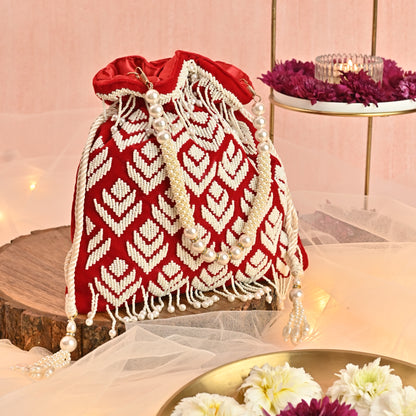 Banaavat Essence Red Velvet Potli – Pearl Barfi Detailing & Pearl Handle