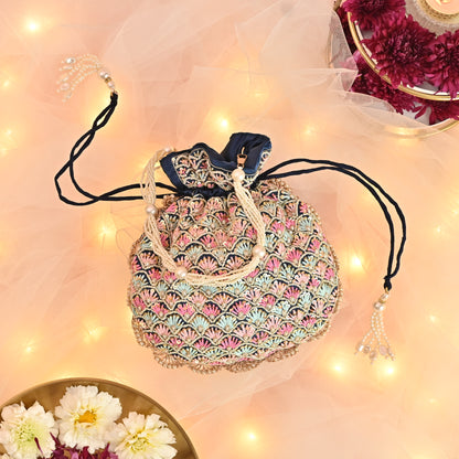 Banaavat Essence Navy Muslin Silk Potli – Multi-Color Thread Embroidery