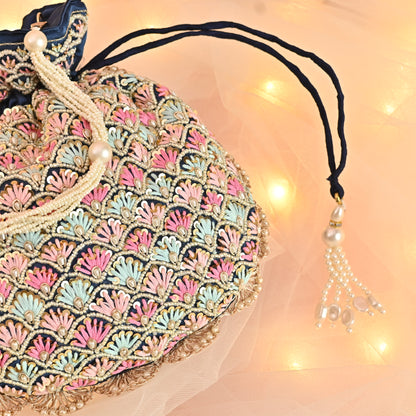 Banaavat Essence Navy Muslin Silk Potli – Multi-Color Thread Embroidery