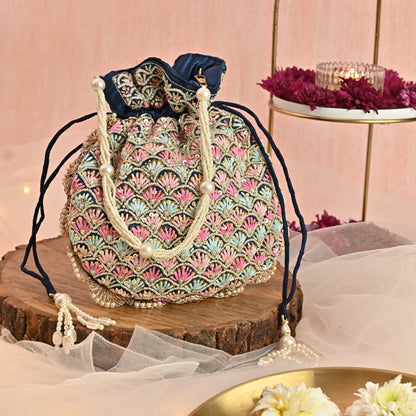 Banaavat Essence Navy Muslin Silk Potli – Multi-Color Thread Embroidery