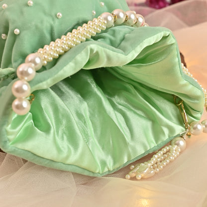 Banaavat Essence Sea Green Velvet Potli – Pearl Karigari & Cylindrical Design with Circular Base