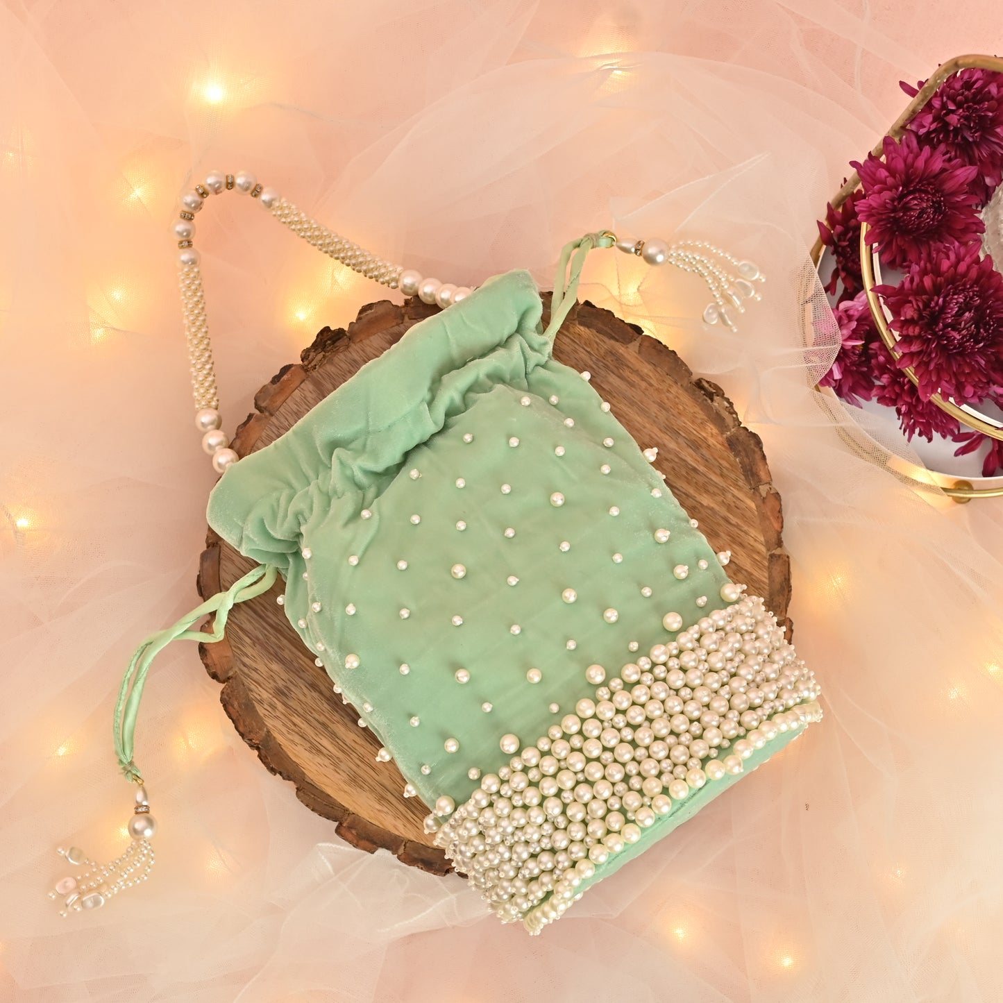 Banaavat Essence Sea Green Velvet Potli – Pearl Karigari & Cylindrical Design with Circular Base