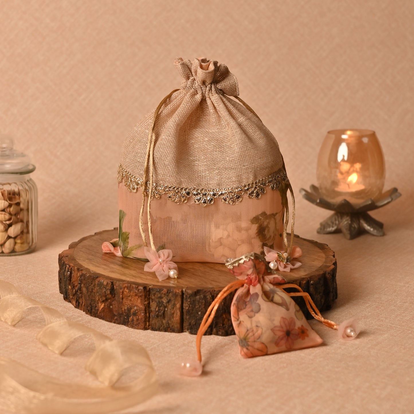 Banaavat Essence Dual Fabric Potli – Jute & Printed Organza with Lace Embellishment (10"x8")