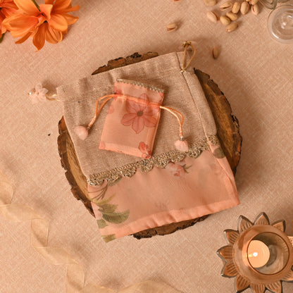 Banaavat Essence Dual Fabric Potli – Jute & Printed Organza with Lace Embellishment (10"x8")