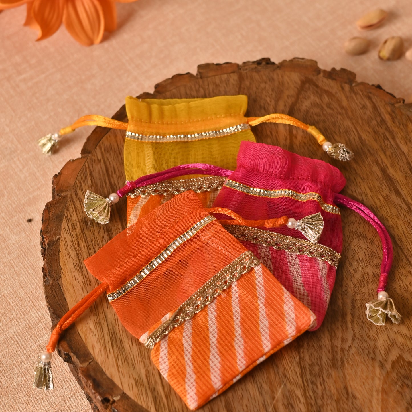 Banaavat Essence Lehriya Print Petite Potli Set – 4"x3" (Set of 10)