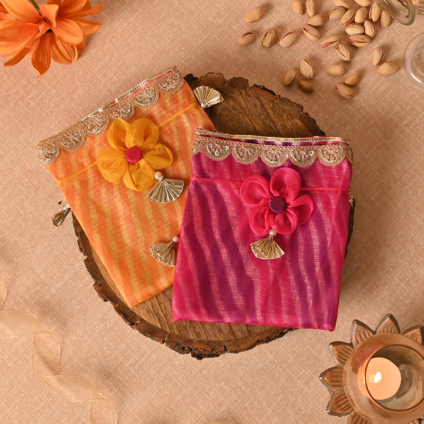 Banaavat Essence Dual Fabric Favor Potli – Floral Drawstring (6"x7")