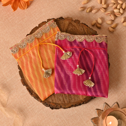 Banaavat Essence Dual Fabric Favor Potli – Floral Drawstring (6"x7")