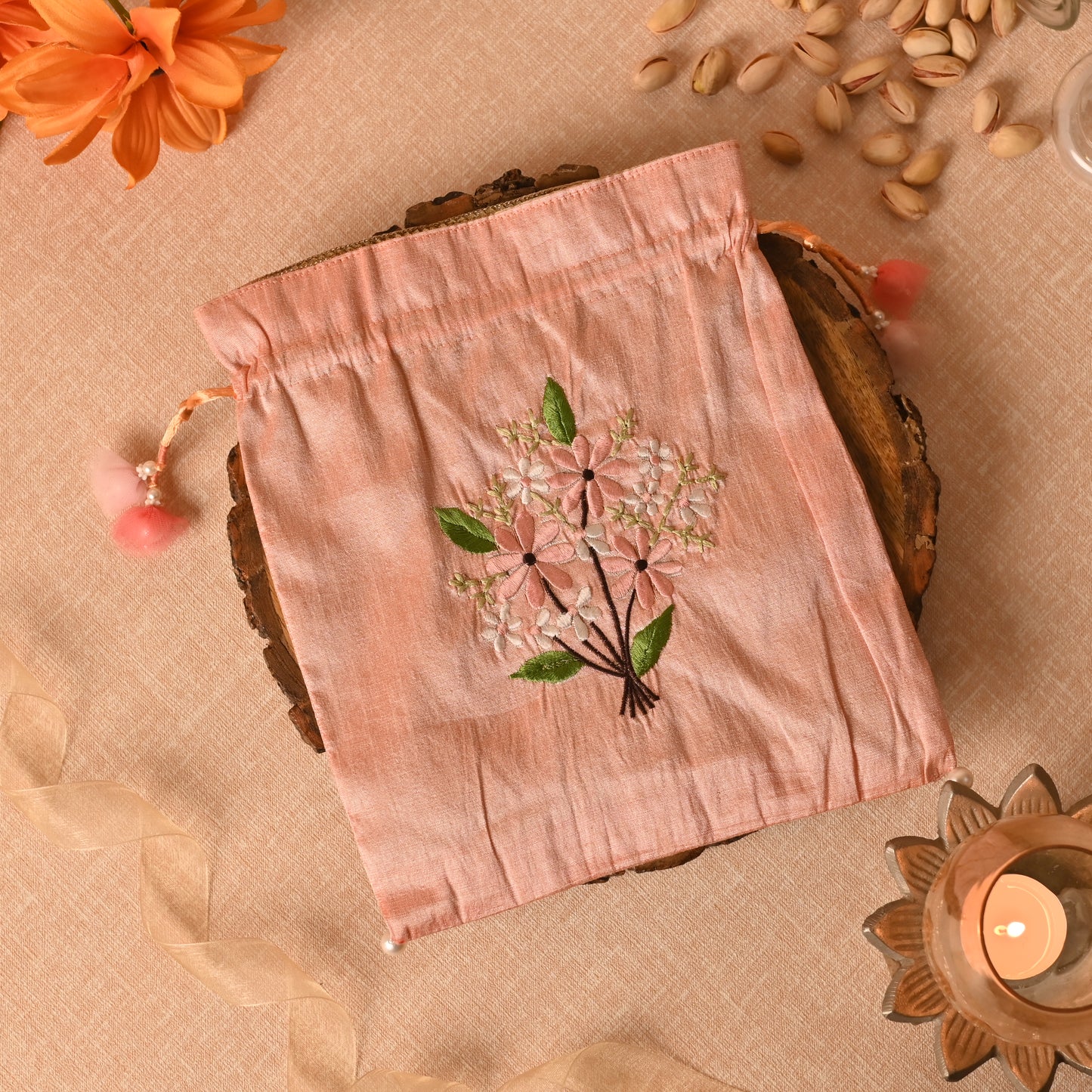 Banaavat Essence Hand-Embroidered Dupion Silk Potli – 10"x9"