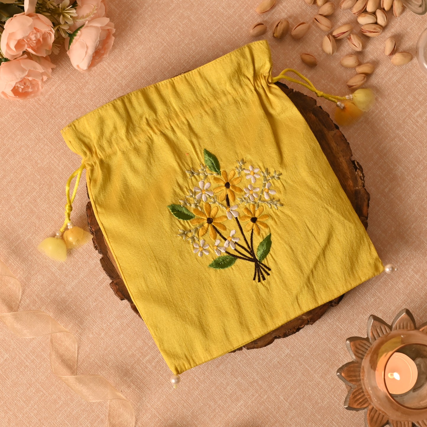 Banaavat Essence Hand-Embroidered Dupion Silk Potli – 10"x9"