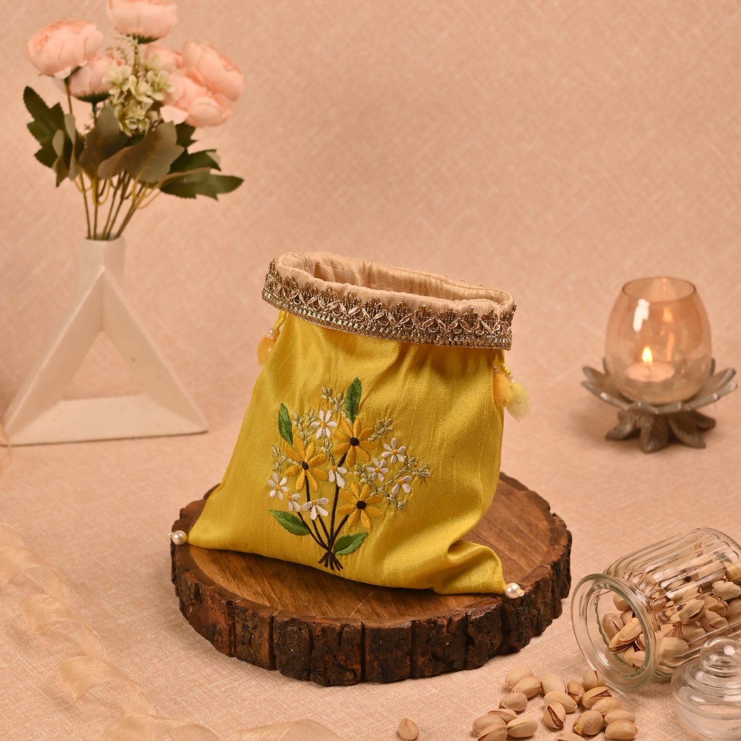 Banaavat Essence Hand-Embroidered Dupion Silk Potli – 10"x9"