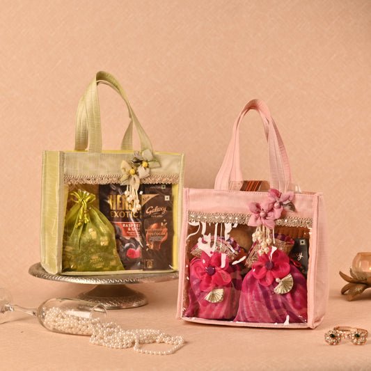 Banaavat Essence Dupion Silk Room Hamper – Transparent Front & Handcrafted Flower (9"x8.5"x5.5")