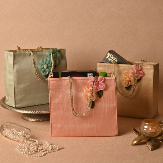Banaavat Essence Dupion Silk Hamper Bag – Handcrafted Floral & Golden Dori Handle (9.5"x8.5"x3.2")