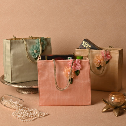 Banaavat Essence Dupion Silk Hamper Bag – Handcrafted Floral & Golden Dori Handle (9.5"x8.5"x3.2")